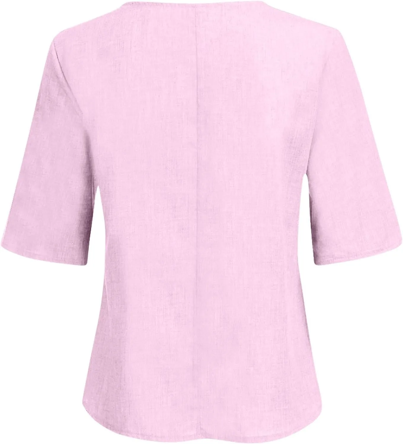 Summer Cotton Linen T-Shirt for Women Soild Color 3/4 Sleeve Notched V-Neck Loose Plus Size Beach Blouses Flowy Top