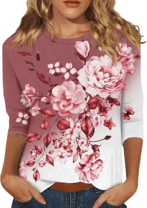 Summer Tops for Women 2024 3/4 Sleeve Crewneck Shirts Floral Print Tees Cute Graphic Tunics