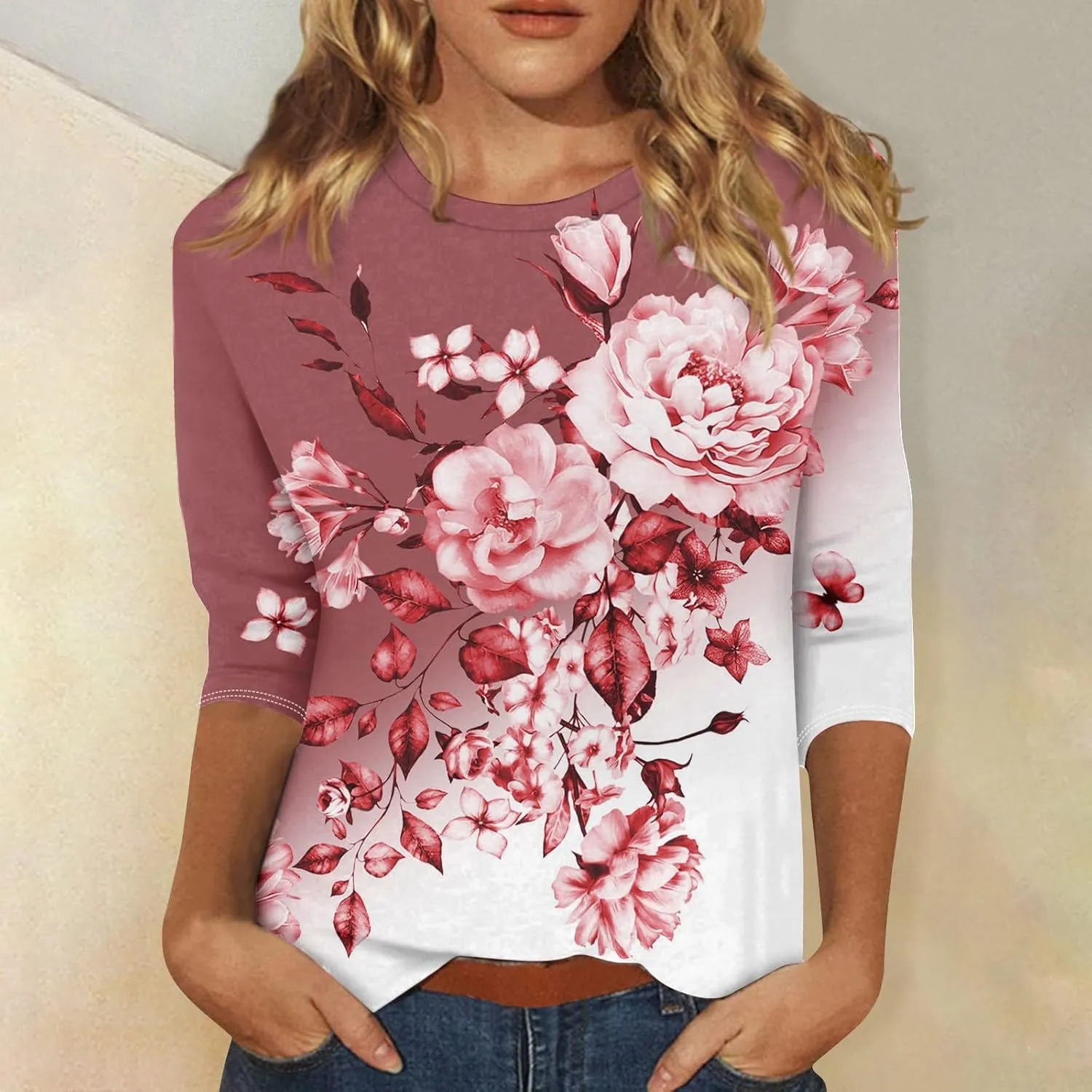 Summer Tops for Women 2024 3/4 Sleeve Crewneck Shirts Floral Print Tees Cute Graphic Tunics