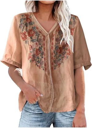 Summer Tops for Women Casual Cotton Linen Half Sleeve Tee Shirts Lightweight Mexican Embroidery Peasant Blouses