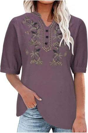 Summer Tops for Women Casual Cotton Linen Half Sleeve Tee Shirts Lightweight Mexican Embroidery Peasant Blouses