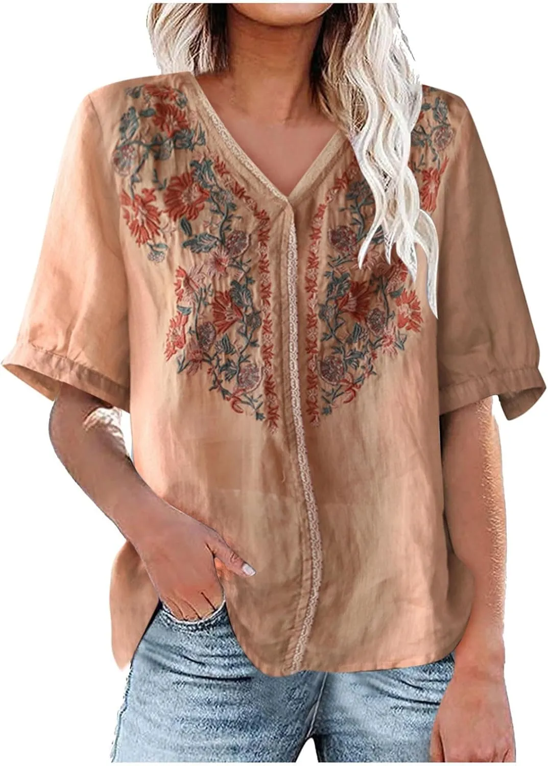 Summer Tops for Women Casual Cotton Linen Half Sleeve Tee Shirts Lightweight Mexican Embroidery Peasant Blouses