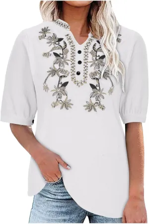 Summer Tops for Women Casual Cotton Linen Half Sleeve Tee Shirts Lightweight Mexican Embroidery Peasant Blouses