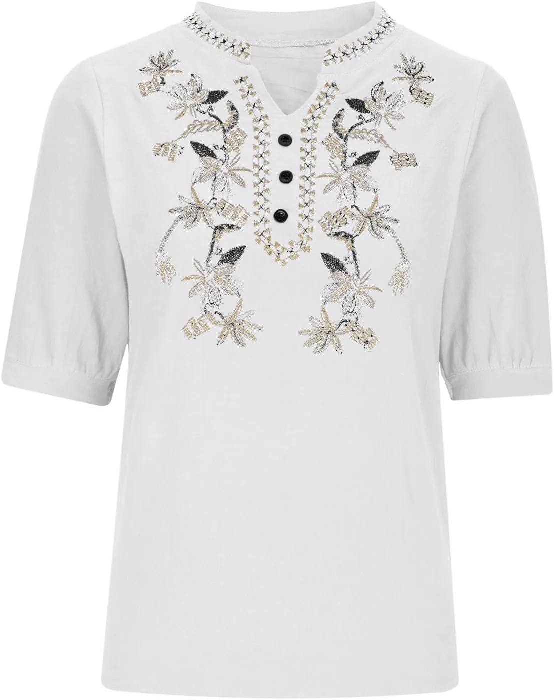 Summer Tops for Women Casual Cotton Linen Half Sleeve Tee Shirts Lightweight Mexican Embroidery Peasant Blouses