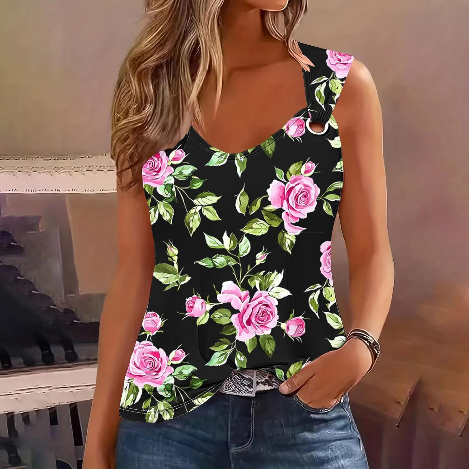 Tank Top for Women Loose Fit O Ring Shoulder Tank Tops Summer Casual Sleeveless Camisole Trendy Cute T Shirts Blouses