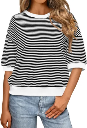 Tankaneo Womens Puff Sleeve Striped T Shirt Oversized Cropped Summer Casual Cotton Tops Loose Fitting Crewneck Sweatshirt