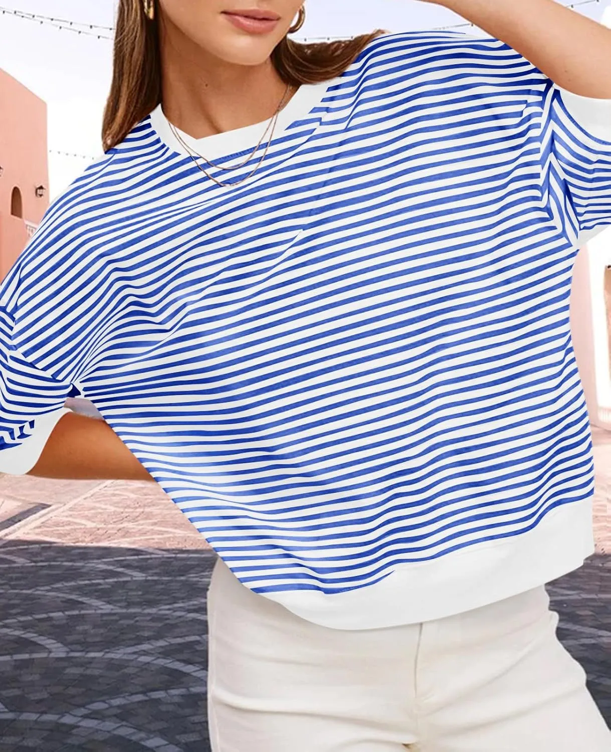 Tankaneo Womens Puff Sleeve Striped T Shirt Oversized Cropped Summer Casual Cotton Tops Loose Fitting Crewneck Sweatshirt