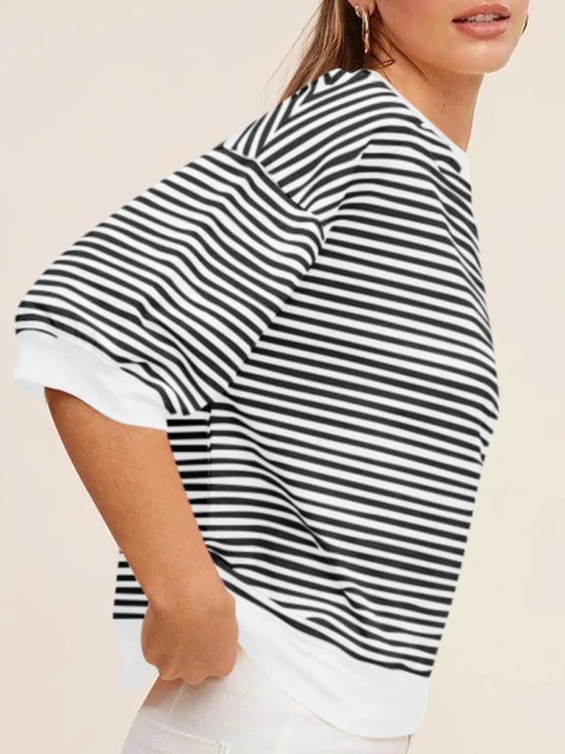 Tankaneo Womens Puff Sleeve Striped T Shirt Oversized Cropped Summer Casual Cotton Tops Loose Fitting Crewneck Sweatshirt