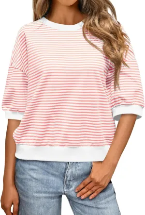 Tankaneo Womens Puff Sleeve Striped T Shirt Oversized Cropped Summer Casual Cotton Tops Loose Fitting Crewneck Sweatshirt
