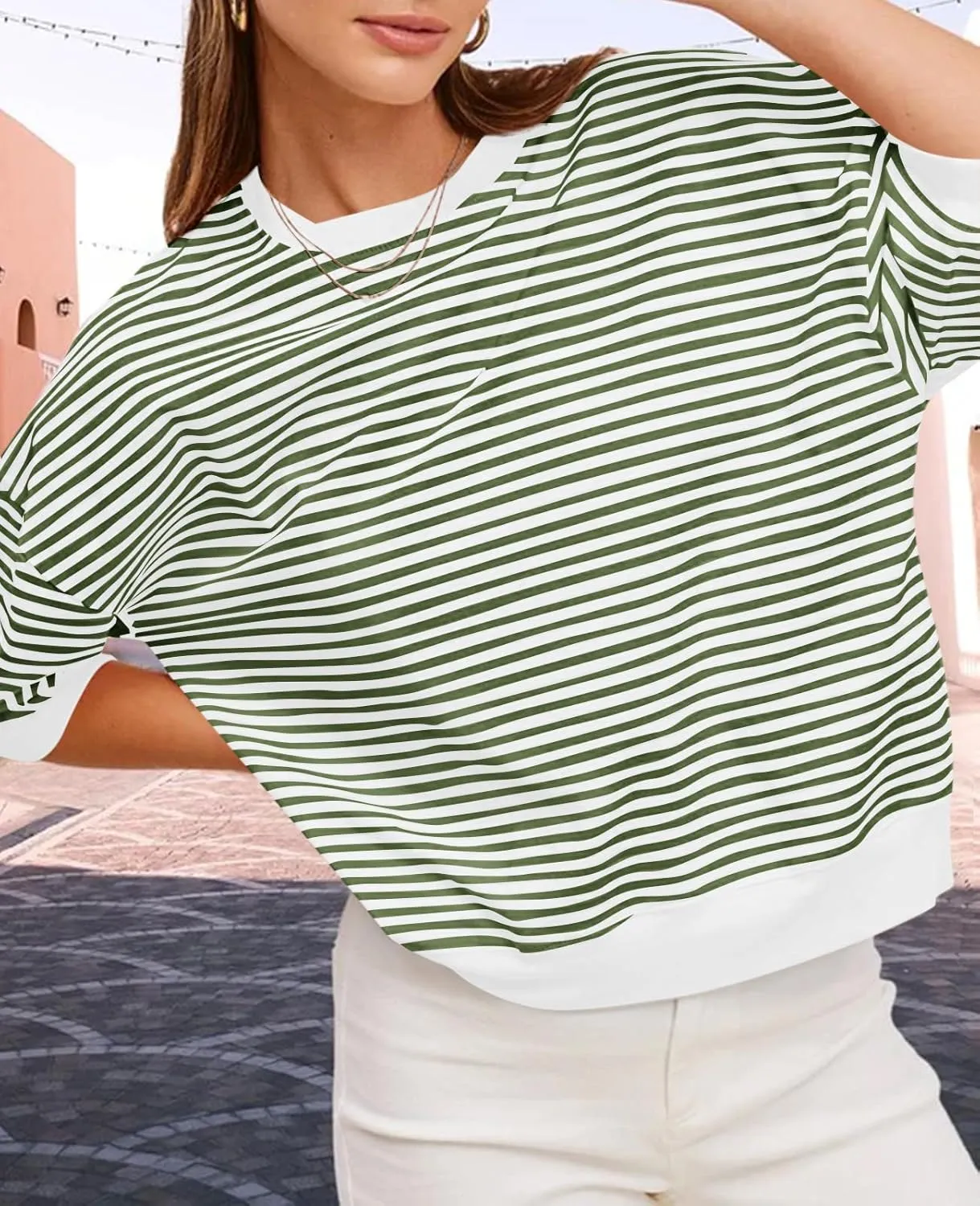 Tankaneo Womens Puff Sleeve Striped T Shirt Oversized Cropped Summer Casual Cotton Tops Loose Fitting Crewneck Sweatshirt