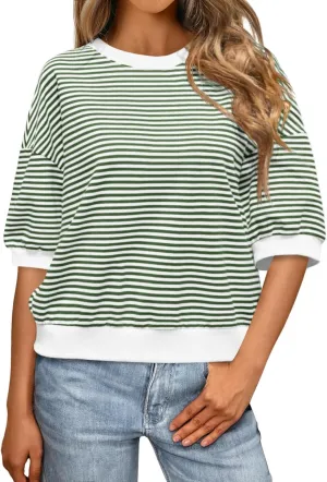 Tankaneo Womens Puff Sleeve Striped T Shirt Oversized Cropped Summer Casual Cotton Tops Loose Fitting Crewneck Sweatshirt