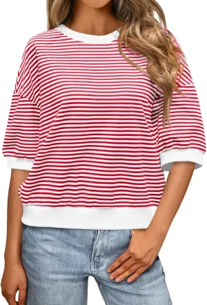 Tankaneo Womens Puff Sleeve Striped T Shirt Oversized Cropped Summer Casual Cotton Tops Loose Fitting Crewneck Sweatshirt