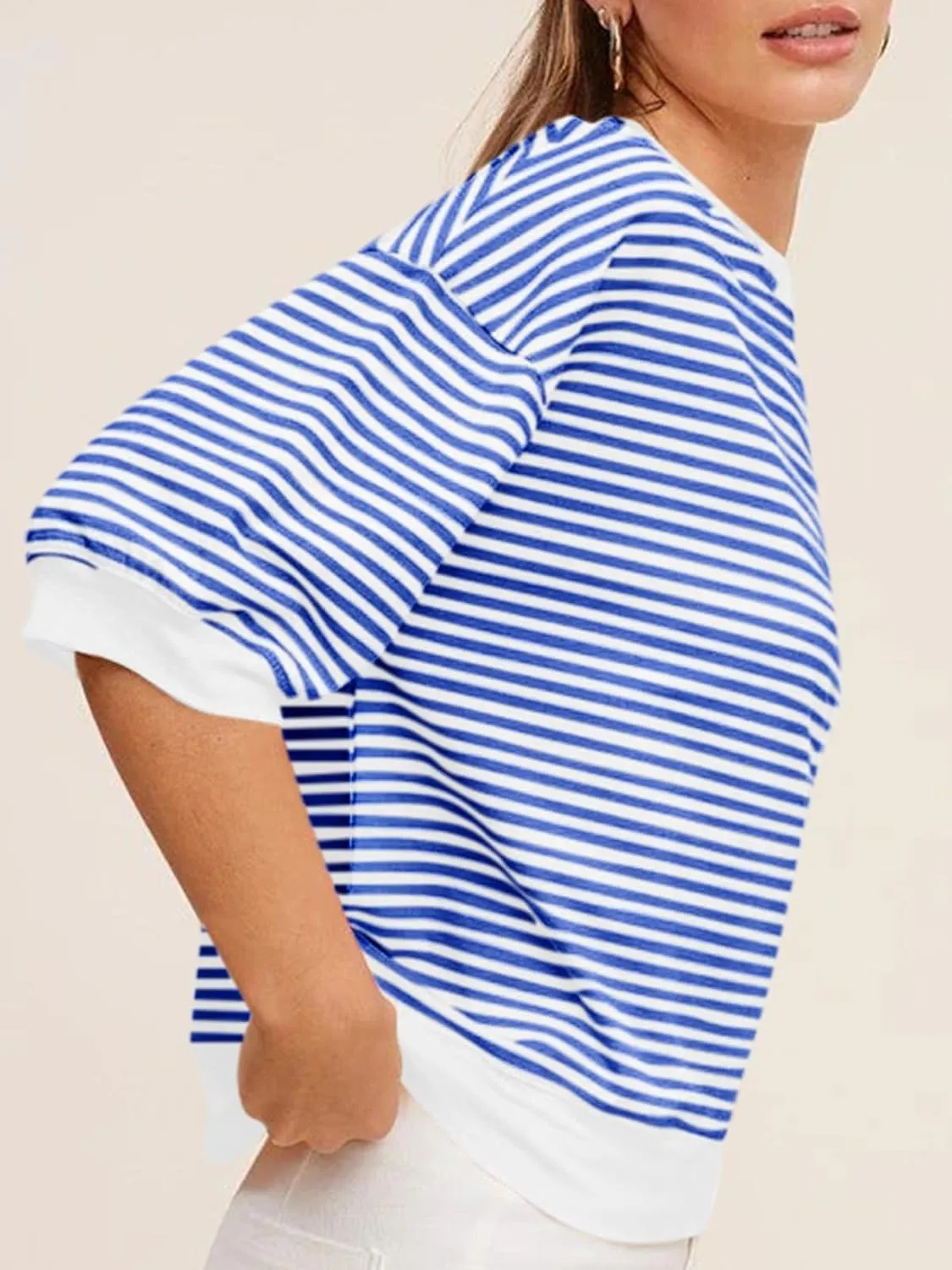 Tankaneo Womens Puff Sleeve Striped T Shirt Oversized Cropped Summer Casual Cotton Tops Loose Fitting Crewneck Sweatshirt