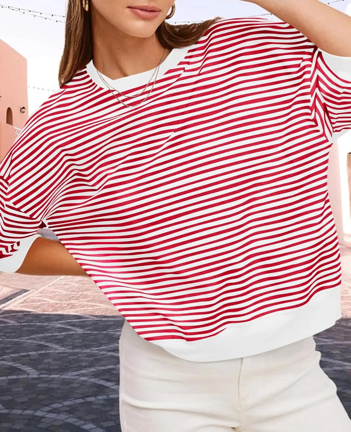 Tankaneo Womens Puff Sleeve Striped T Shirt Oversized Cropped Summer Casual Cotton Tops Loose Fitting Crewneck Sweatshirt