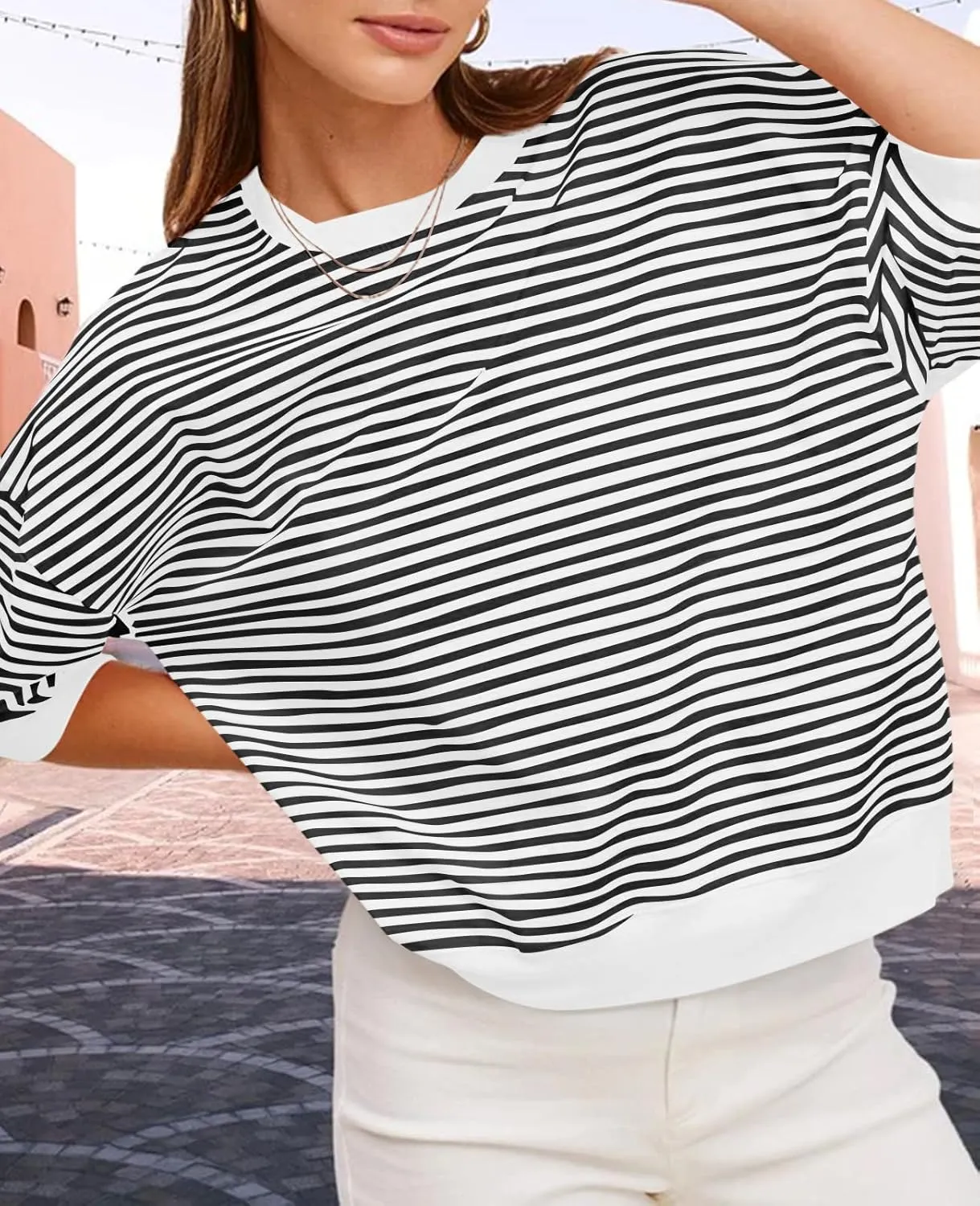 Tankaneo Womens Puff Sleeve Striped T Shirt Oversized Cropped Summer Casual Cotton Tops Loose Fitting Crewneck Sweatshirt