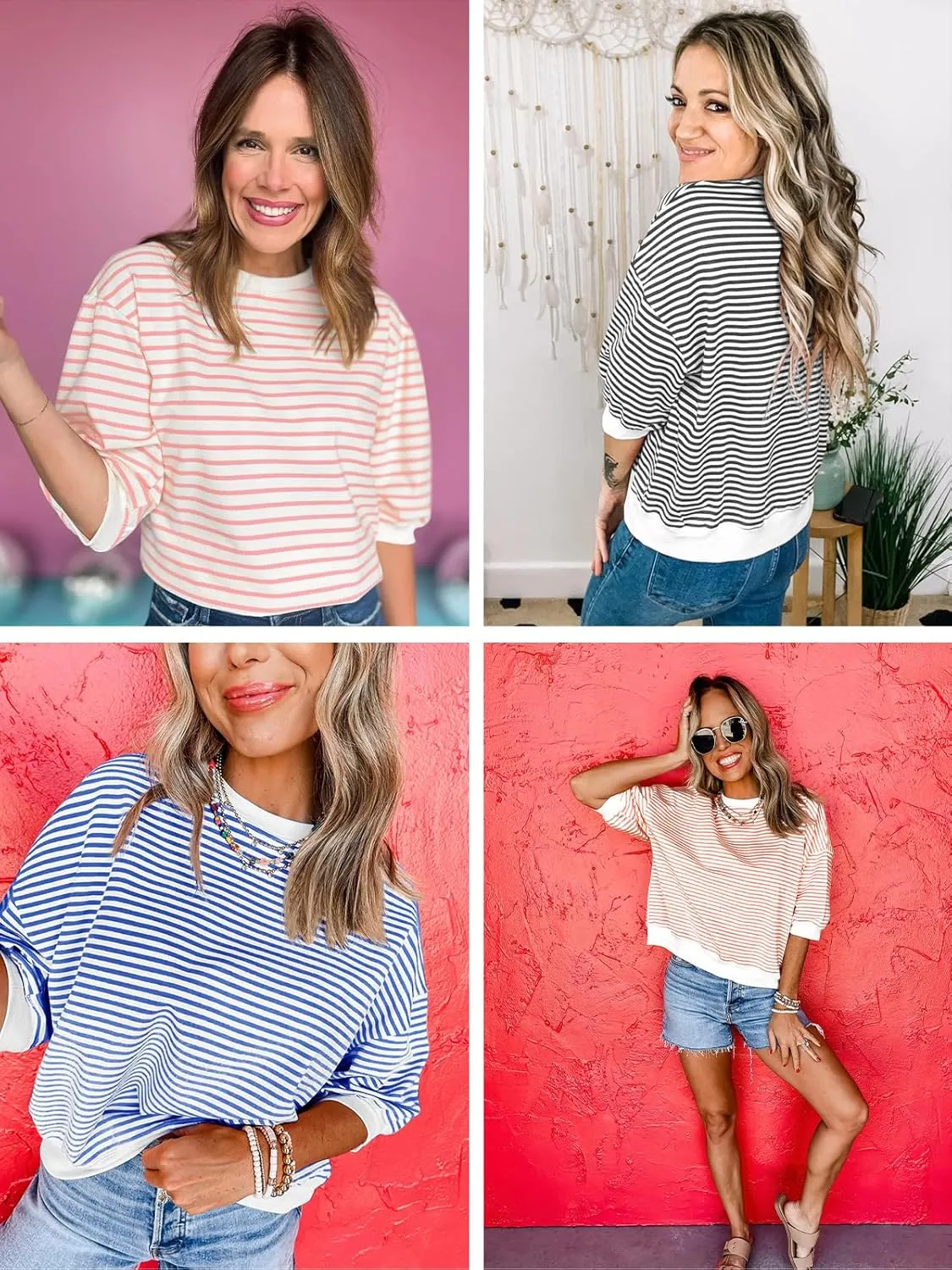 Tankaneo Womens Puff Sleeve Striped T Shirt Oversized Cropped Summer Casual Cotton Tops Loose Fitting Crewneck Sweatshirt