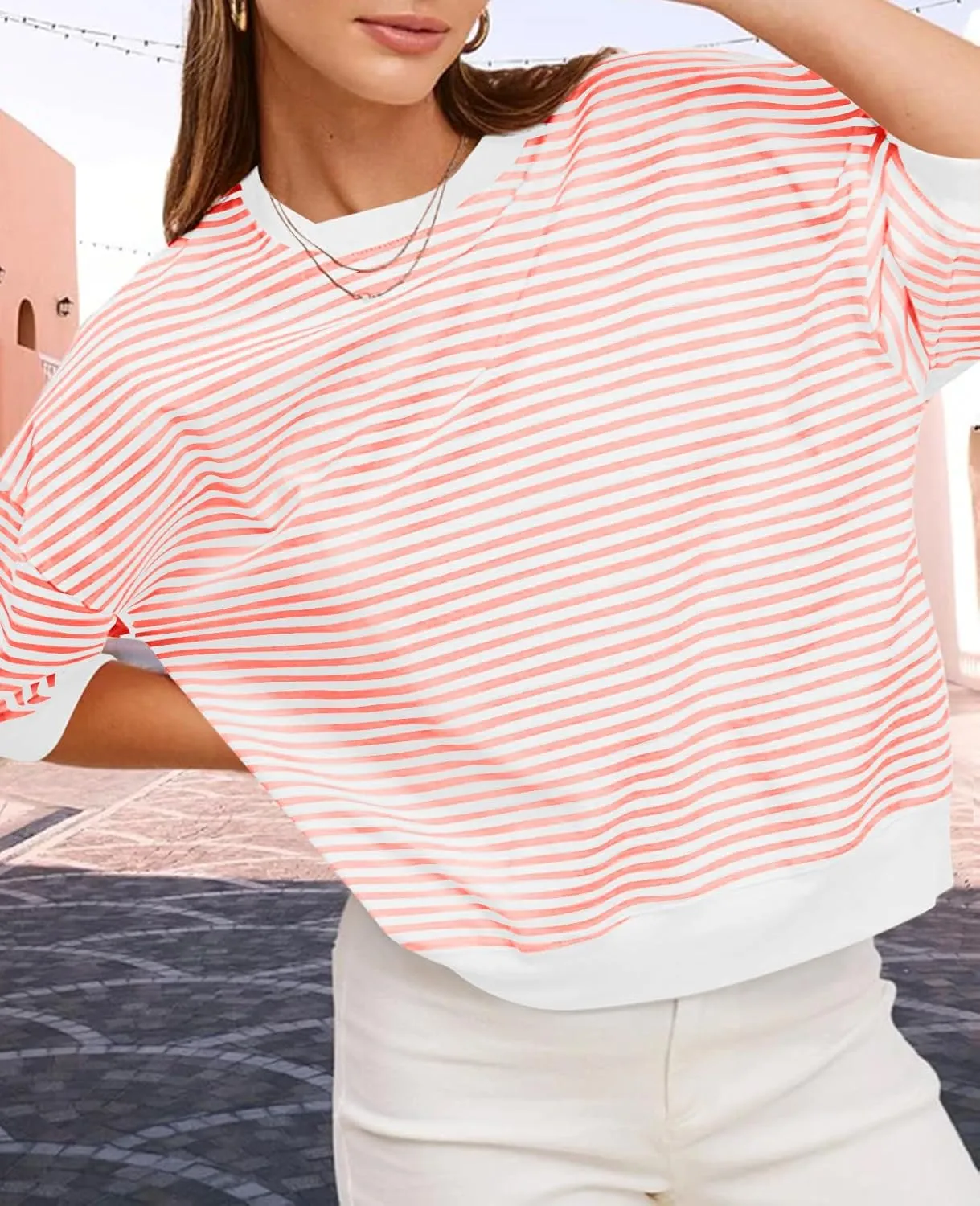 Tankaneo Womens Puff Sleeve Striped T Shirt Oversized Cropped Summer Casual Cotton Tops Loose Fitting Crewneck Sweatshirt