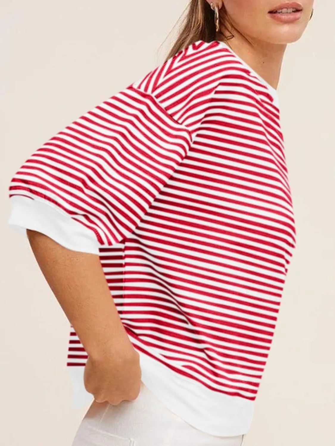 Tankaneo Womens Puff Sleeve Striped T Shirt Oversized Cropped Summer Casual Cotton Tops Loose Fitting Crewneck Sweatshirt