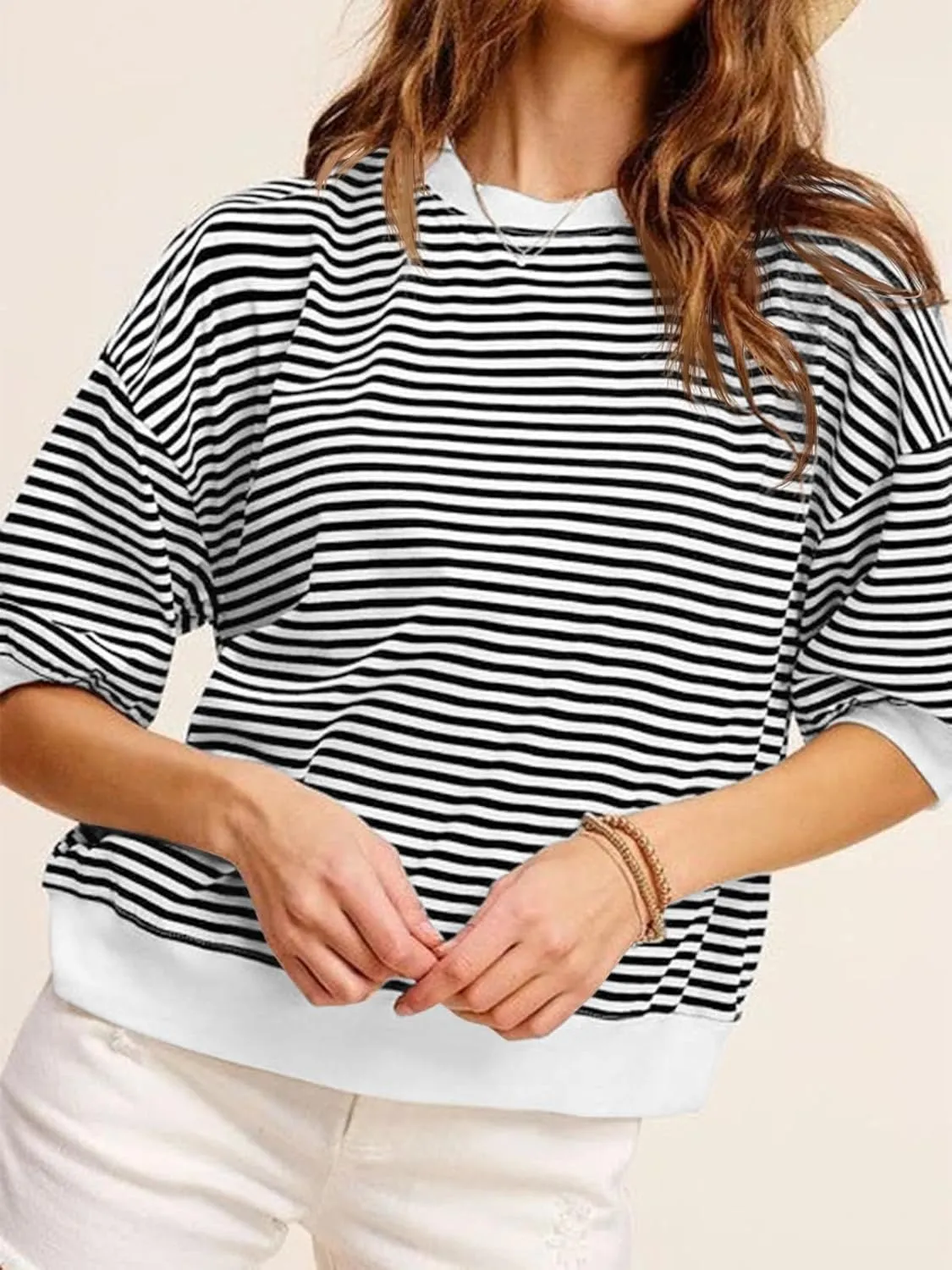 Tankaneo Womens Puff Sleeve Striped T Shirt Oversized Cropped Summer Casual Cotton Tops Loose Fitting Crewneck Sweatshirt