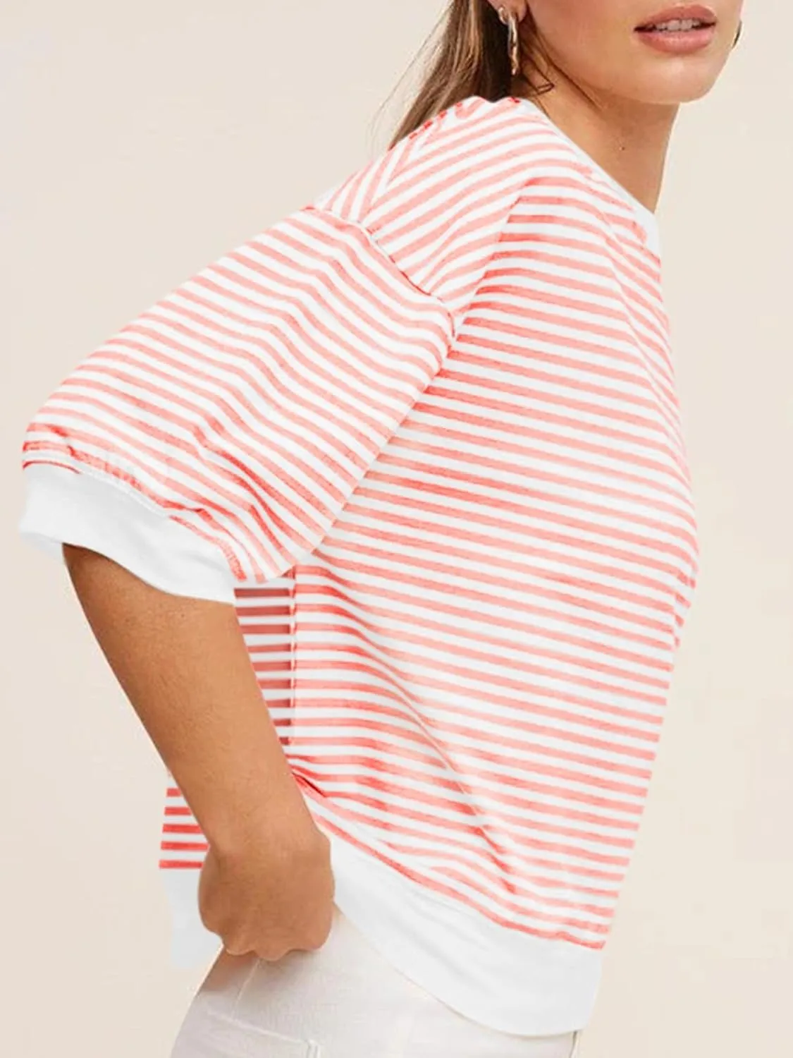 Tankaneo Womens Puff Sleeve Striped T Shirt Oversized Cropped Summer Casual Cotton Tops Loose Fitting Crewneck Sweatshirt