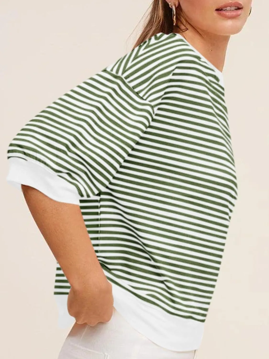 Tankaneo Womens Puff Sleeve Striped T Shirt Oversized Cropped Summer Casual Cotton Tops Loose Fitting Crewneck Sweatshirt