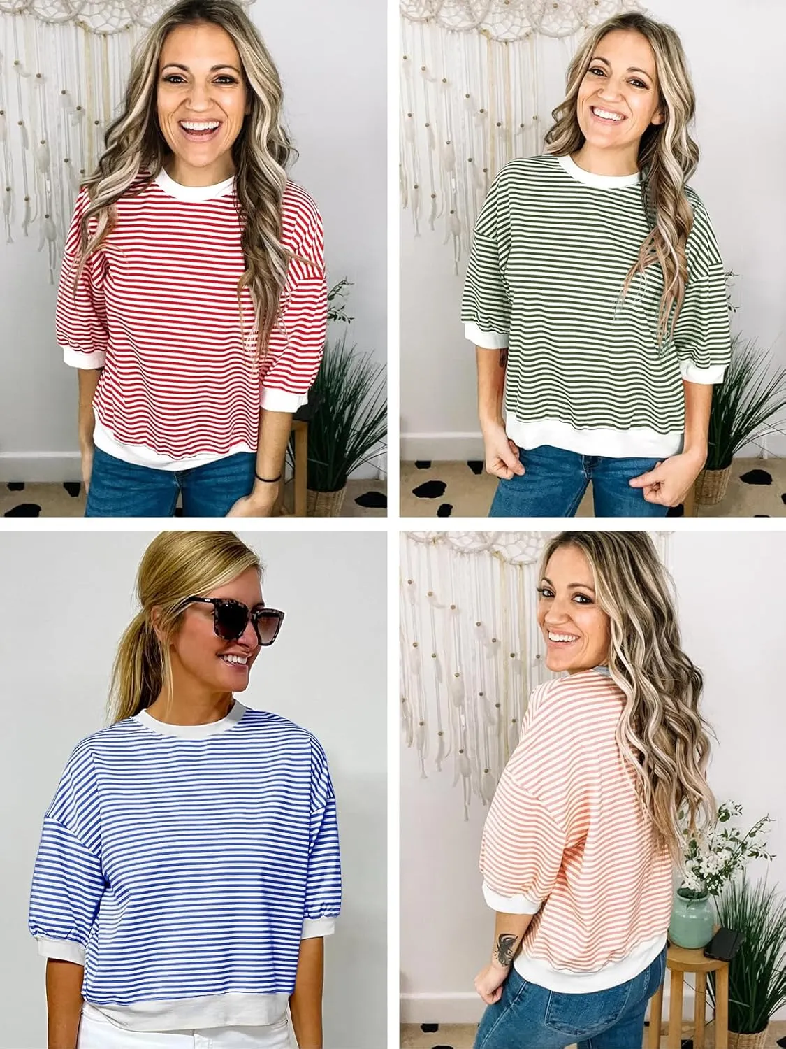 Tankaneo Womens Puff Sleeve Striped T Shirt Oversized Cropped Summer Casual Cotton Tops Loose Fitting Crewneck Sweatshirt