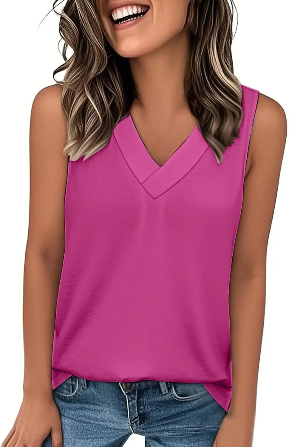 V Neck Tank Top Womens Casual Sleeveless Loose Fit Solid Color Beach Vacation Fashion Summer Tshirts