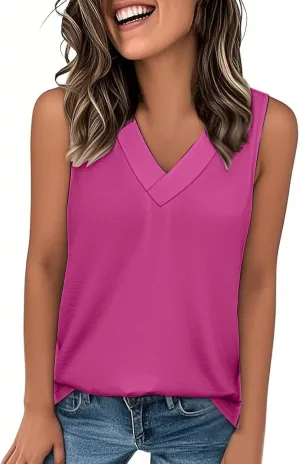 V Neck Tank Top Womens Casual Sleeveless Loose Fit Solid Color Beach Vacation Fashion Summer Tshirts