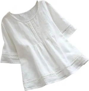 Vintage Cotton Linen Tops for Women Short Sleeve Crew Neck Shirts Summer Casual Comfy Peasant Tees Lightweight Blouse
