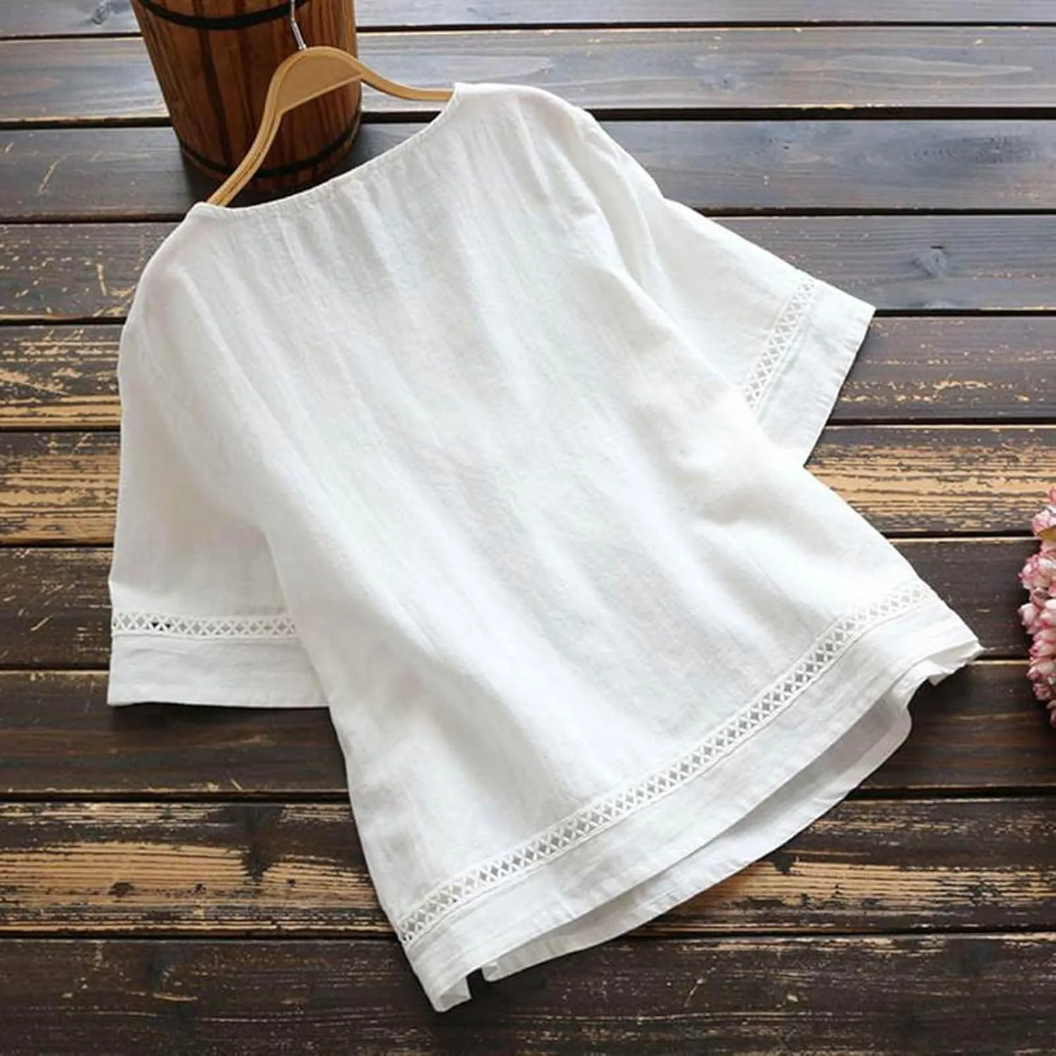 Vintage Cotton Linen Tops for Women Short Sleeve Crew Neck Shirts Summer Casual Comfy Peasant Tees Lightweight Blouse