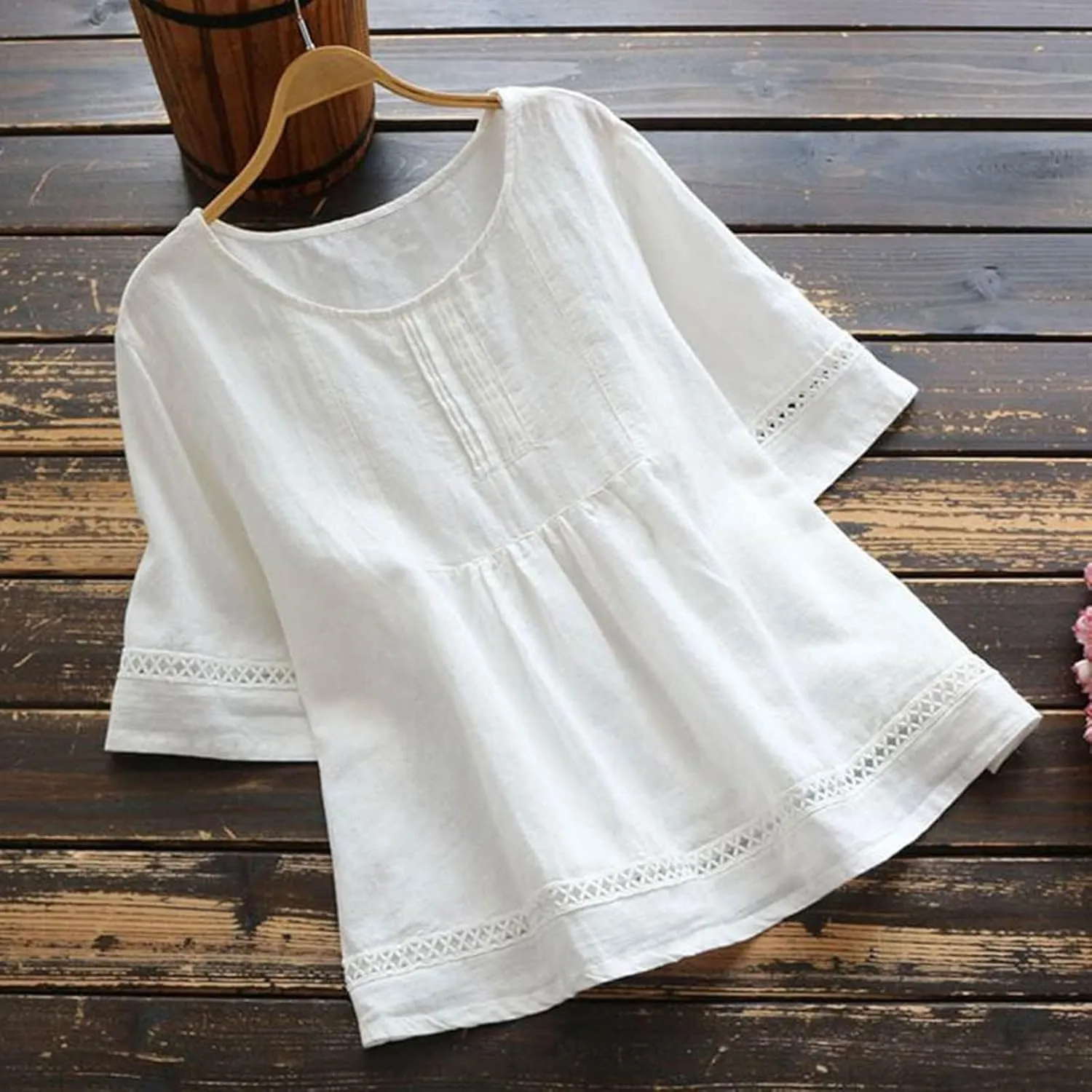 Vintage Cotton Linen Tops for Women Short Sleeve Crew Neck Shirts Summer Casual Comfy Peasant Tees Lightweight Blouse