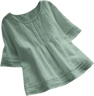 Vintage Cotton Linen Tops for Women Short Sleeve Crew Neck Shirts Summer Casual Comfy Peasant Tees Lightweight Blouse