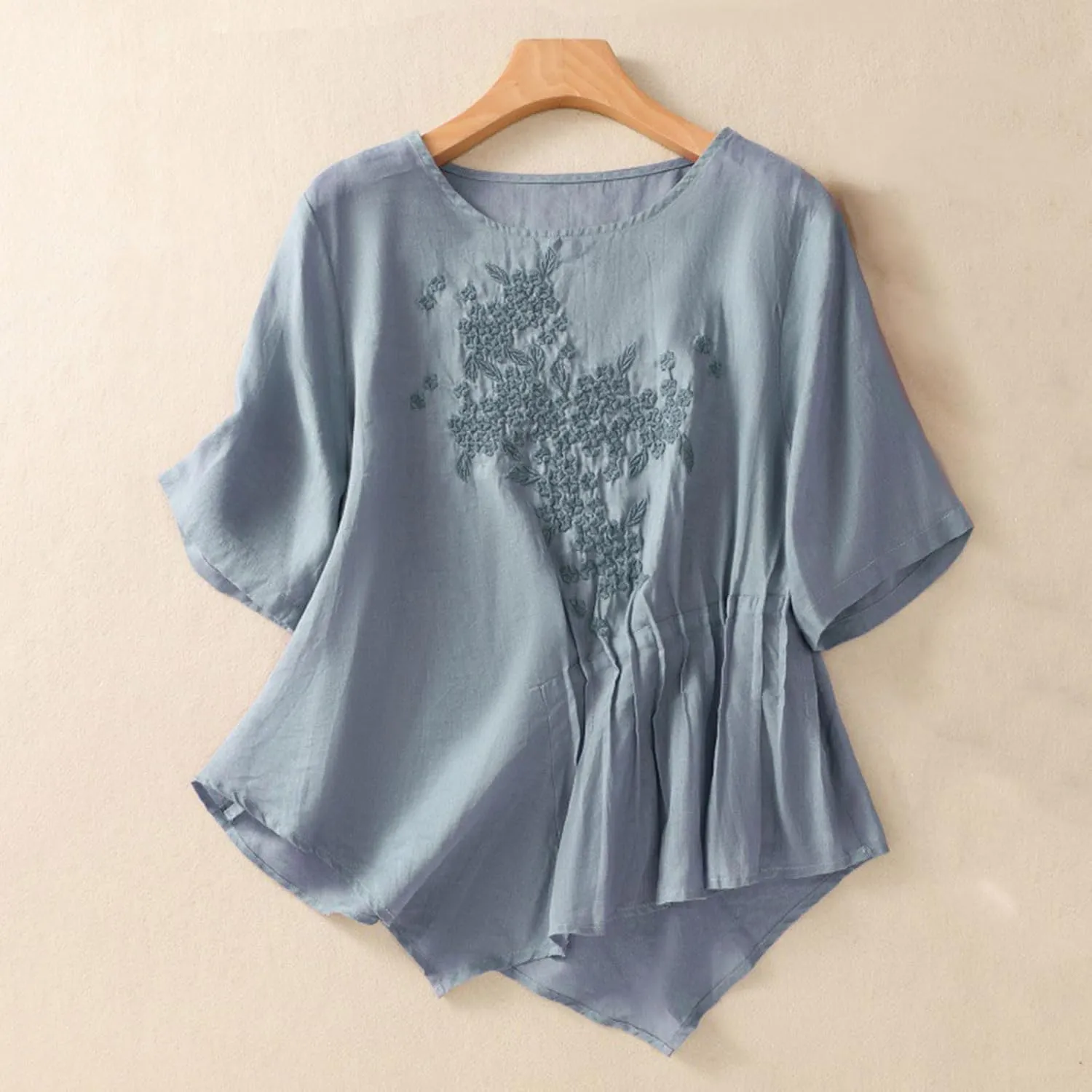 Vintage Embroidered Tops for Women Short Sleeve O-Neck Tees Shirts Irregular Hem Blouse Summer Cotton Linen Tunics