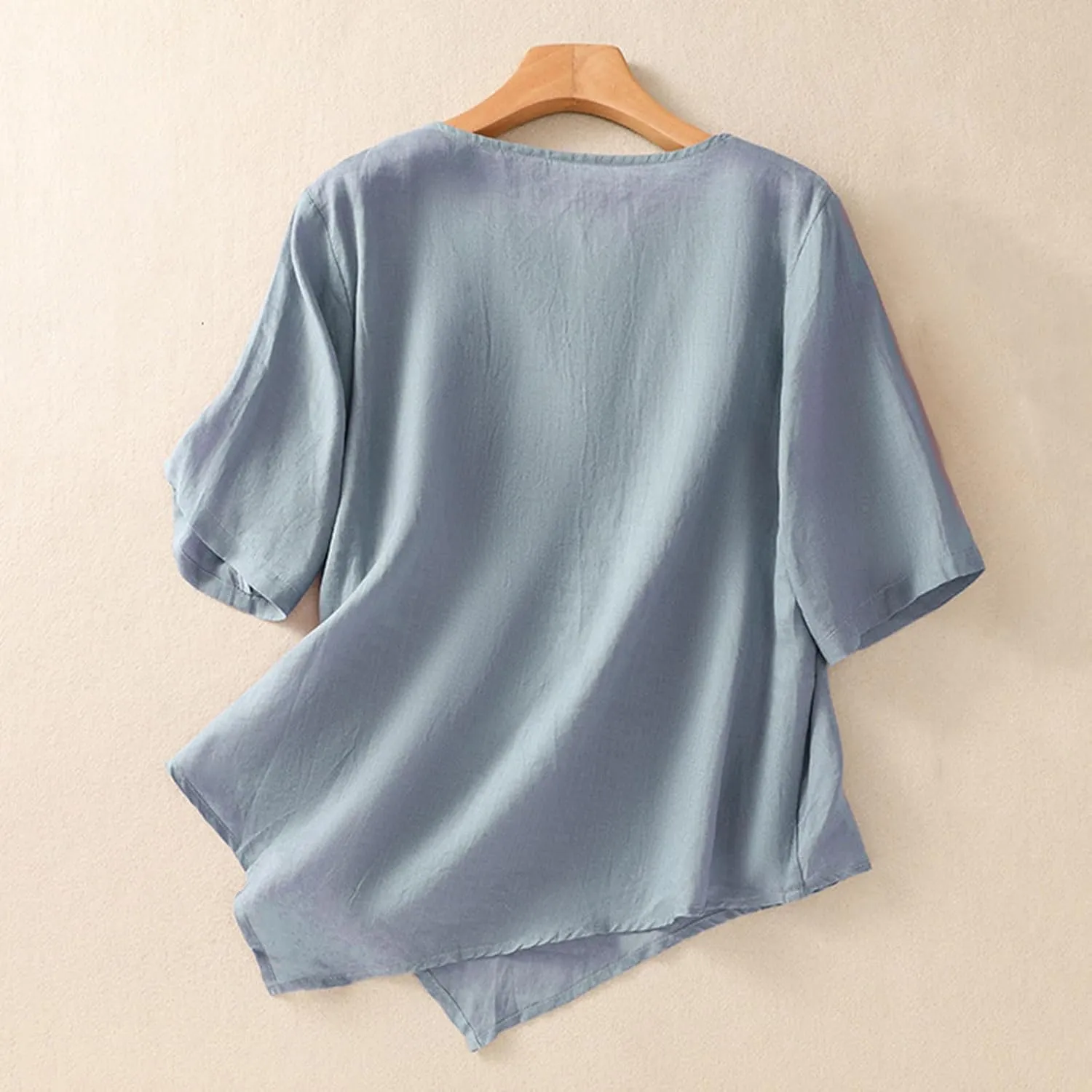 Vintage Embroidered Tops for Women Short Sleeve O-Neck Tees Shirts Irregular Hem Blouse Summer Cotton Linen Tunics