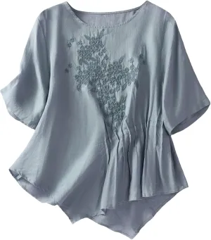 Vintage Embroidered Tops for Women Short Sleeve O-Neck Tees Shirts Irregular Hem Blouse Summer Cotton Linen Tunics
