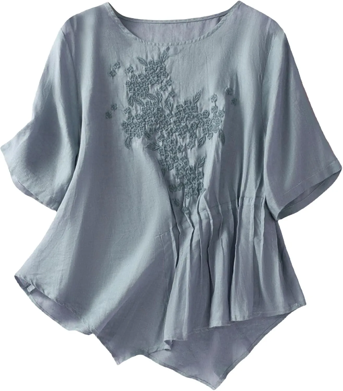 Vintage Embroidered Tops for Women Short Sleeve O-Neck Tees Shirts Irregular Hem Blouse Summer Cotton Linen Tunics