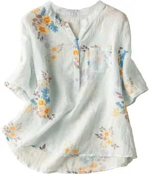 Vintage Floral Print Blouse for Women Summer Cotton Linen Flowy T Shirt O Neck Short Sleeve Tunic Tops