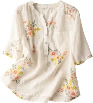 Vintage Floral Print Blouse for Women Summer Cotton Linen Flowy T Shirt O Neck Short Sleeve Tunic Tops