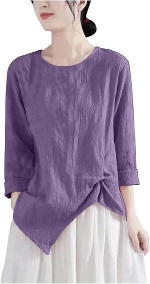 Vintage Linen Shirt for Women 3/4 Sleeve Twist Knot Front T Shirts Asymmetrical Hem Tunic Top Dressy Casual Blouse