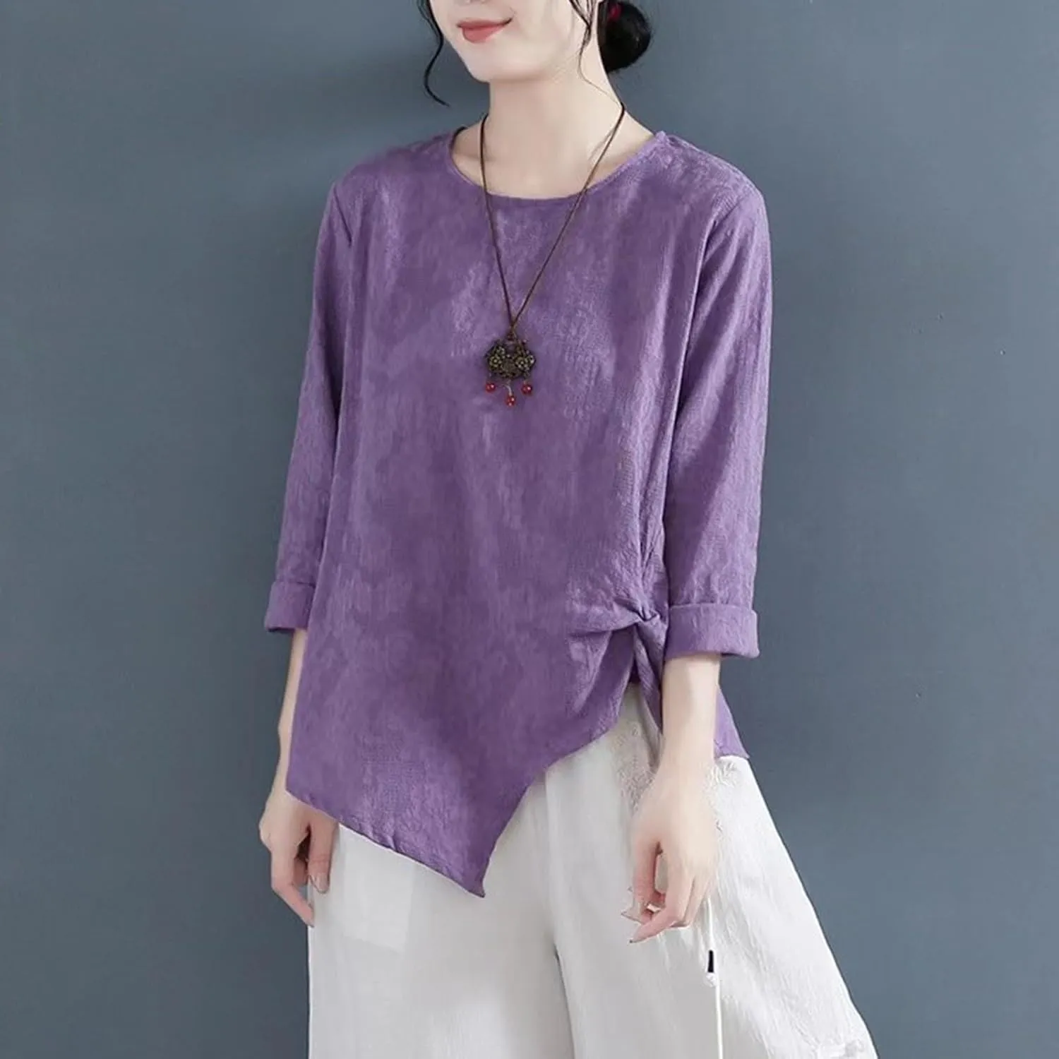 Vintage Linen Shirt for Women 3/4 Sleeve Twist Knot Front T Shirts Asymmetrical Hem Tunic Top Dressy Casual Blouse