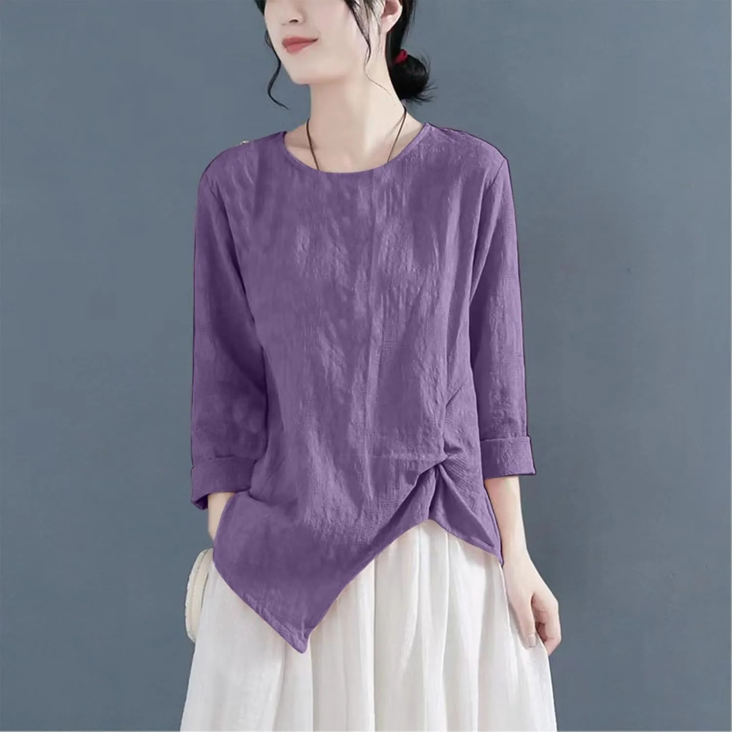 Vintage Linen Shirt for Women 3/4 Sleeve Twist Knot Front T Shirts Asymmetrical Hem Tunic Top Dressy Casual Blouse