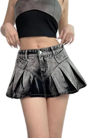 Vintage Washed Distressed Denim Skirts Y2K Aesthetics Pleated Mini Skirts Women Fairycore Ruffles Retro
