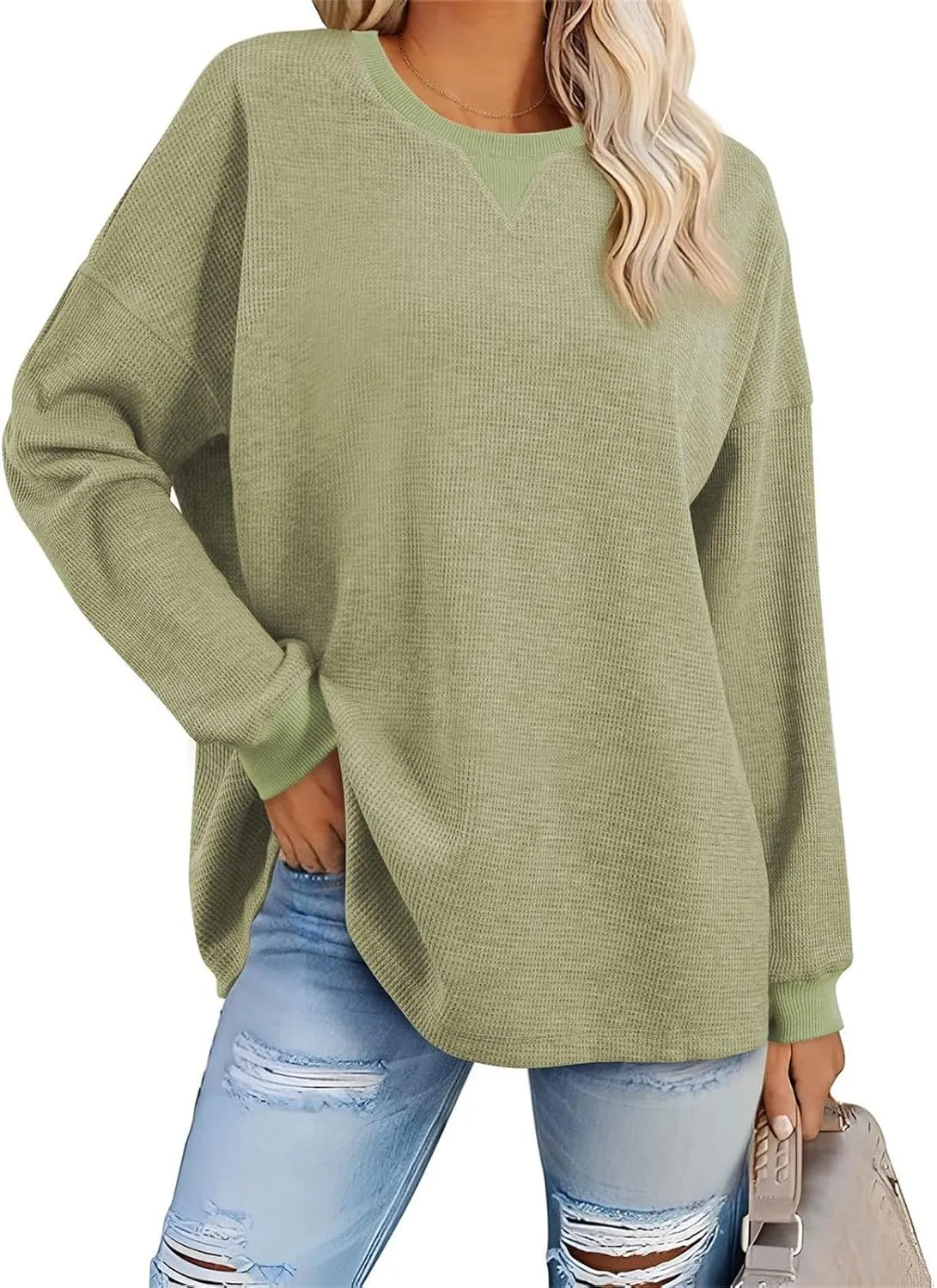 Waffle Oversized Sweatshirts for Women Long Sleeve Crewneck Pullovers 2025 Spring Fall Casual Shirts Fashion Tunics