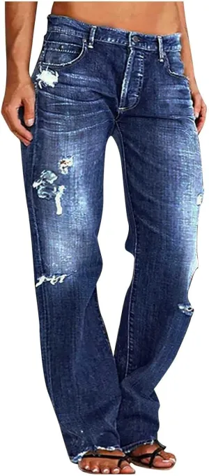 Women Baggy Boyfriend Jeans Pant Mid Rise Bootcut Jean High Waisted Jeans Flare Stretch Boyfriend Casual Denim Pants
