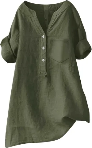 Women Button Down Shirt V Neck Long Sleeve Cotton Linen Summer Casual Trendy Blouses Top Loose Tunic Tops