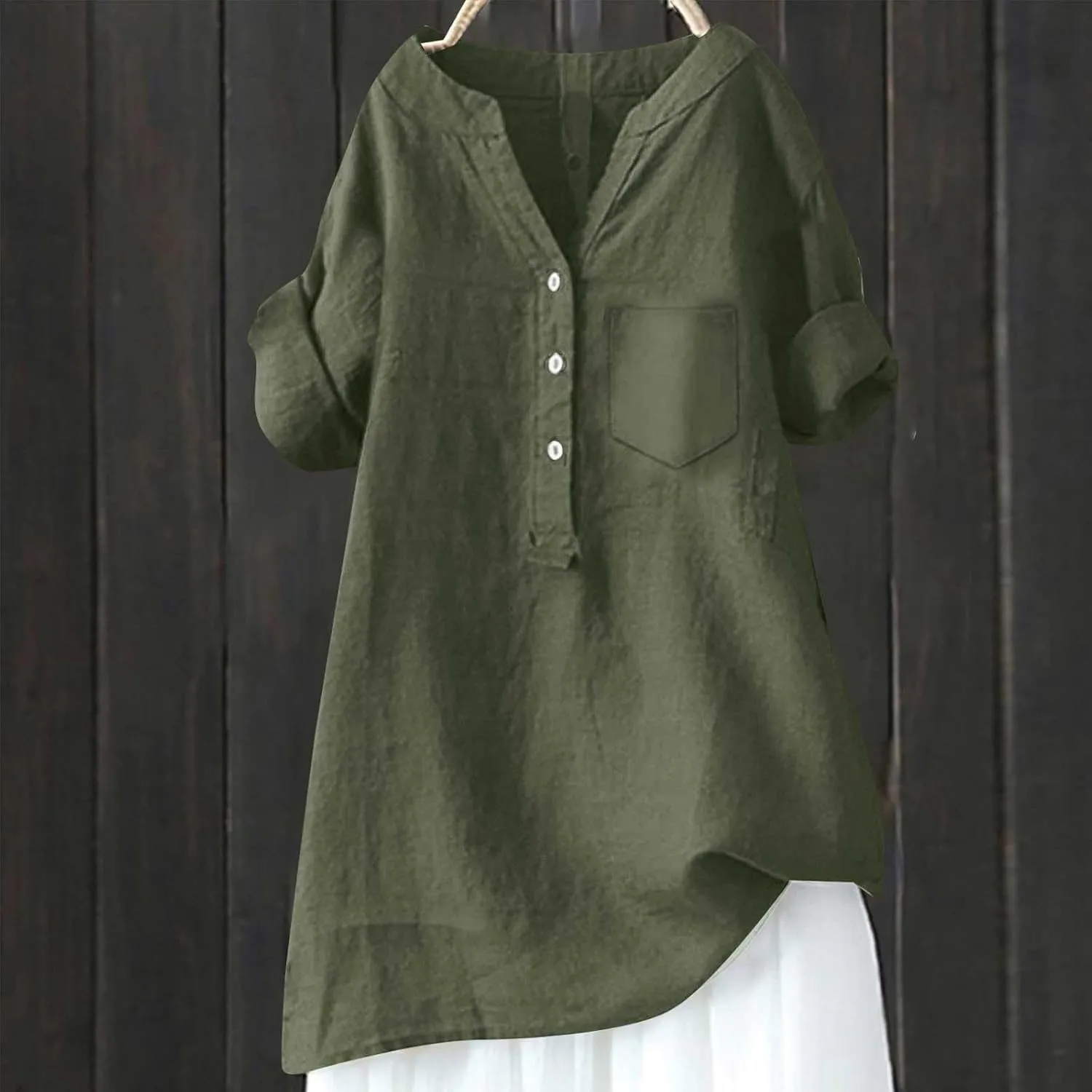 Women Button Down Shirt V Neck Long Sleeve Cotton Linen Summer Casual Trendy Blouses Top Loose Tunic Tops