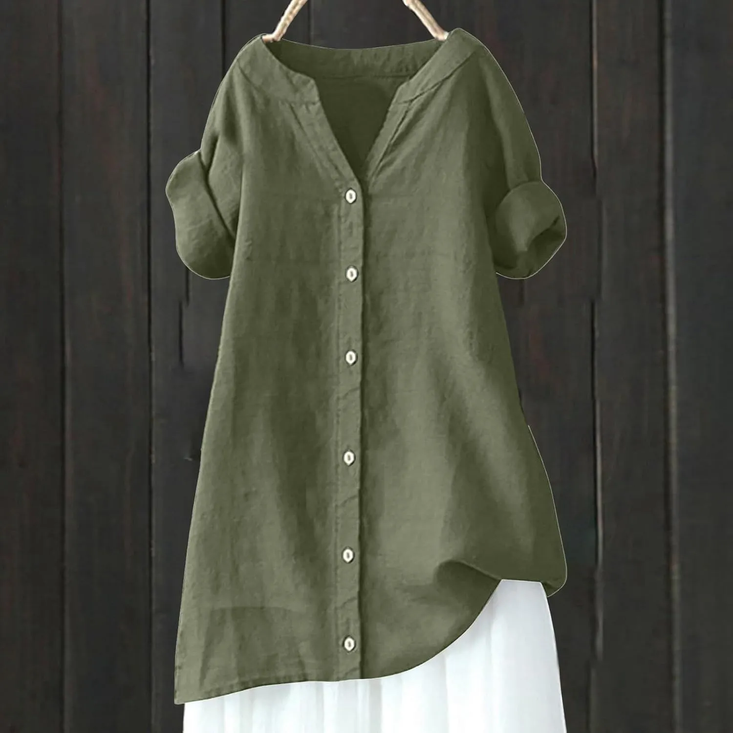 Women Button Up Shirt Plain Long Sleeve Linen Summer Casual Business Blouses Top Loose T-Shirt
