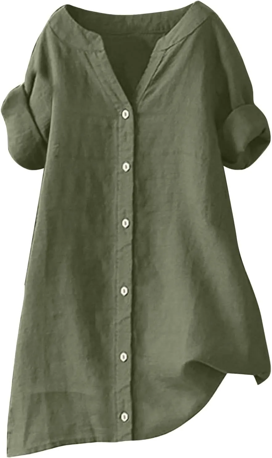 Women Button Up Shirt Plain Long Sleeve Linen Summer Casual Business Blouses Top Loose T-Shirt