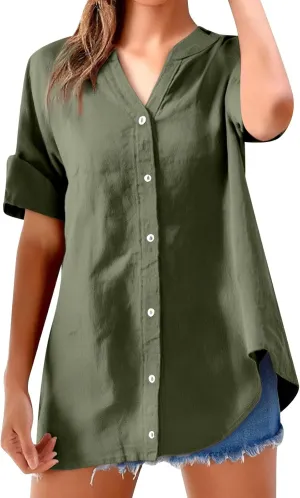 Women Button Up Shirt Plain Long Sleeve Linen Summer Casual Business Blouses Top Loose T-Shirt
