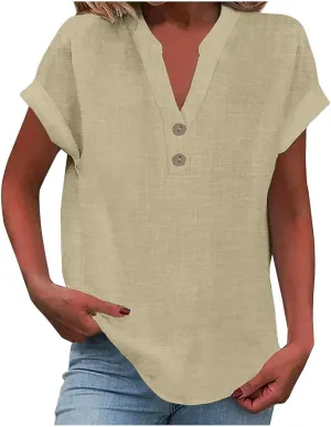 Women Button Up Shirts Solid Short Sleeve Linen Summer Casual Henley Blouse Top Loose Fit Tops
